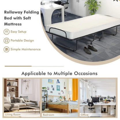 2026 NEW 75" x 31" x 13" Folding Bed with Mattress, Rollaway Bed Metal Frame on Wheels, Portable Foldable Guest Bed for Adults, Cot Size Fold up Bed with Memory Foam Mattress