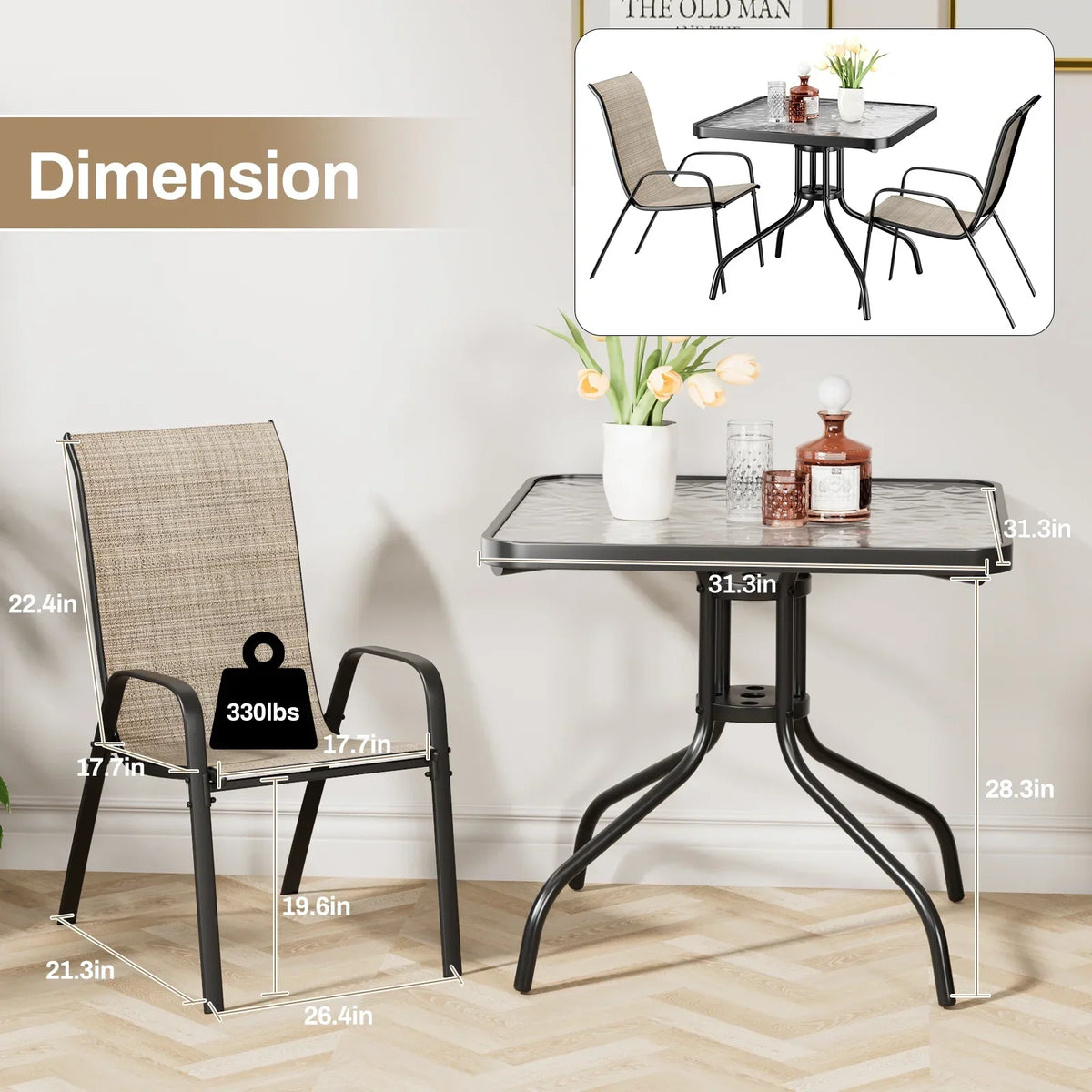 2026 NEW Pirecart 5-Piece Outdoor Patio Dining Table Set with 4 Stackable Textilene Chairs for for Patio, Lawn, Garden, Gray