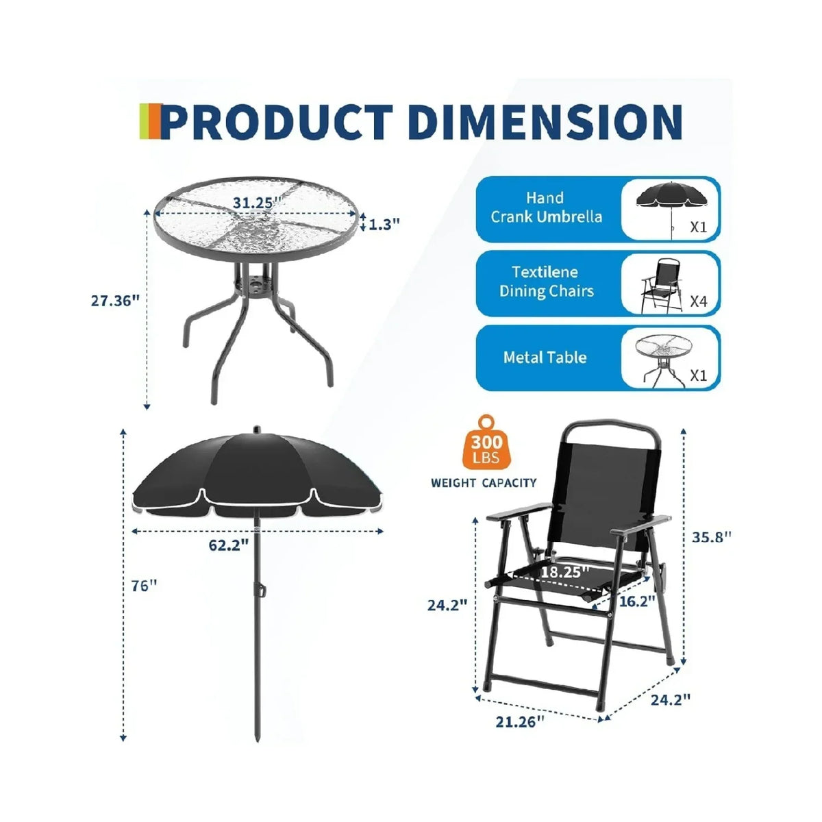 2026 NEW 6 Pieces Outdoor Dining Set With Umbrella, Patio Table and 4 Folding Chairs With Umbrella, Garden Patio Furniture Set With Umbrellas, Tempered Glass Top Dining Table