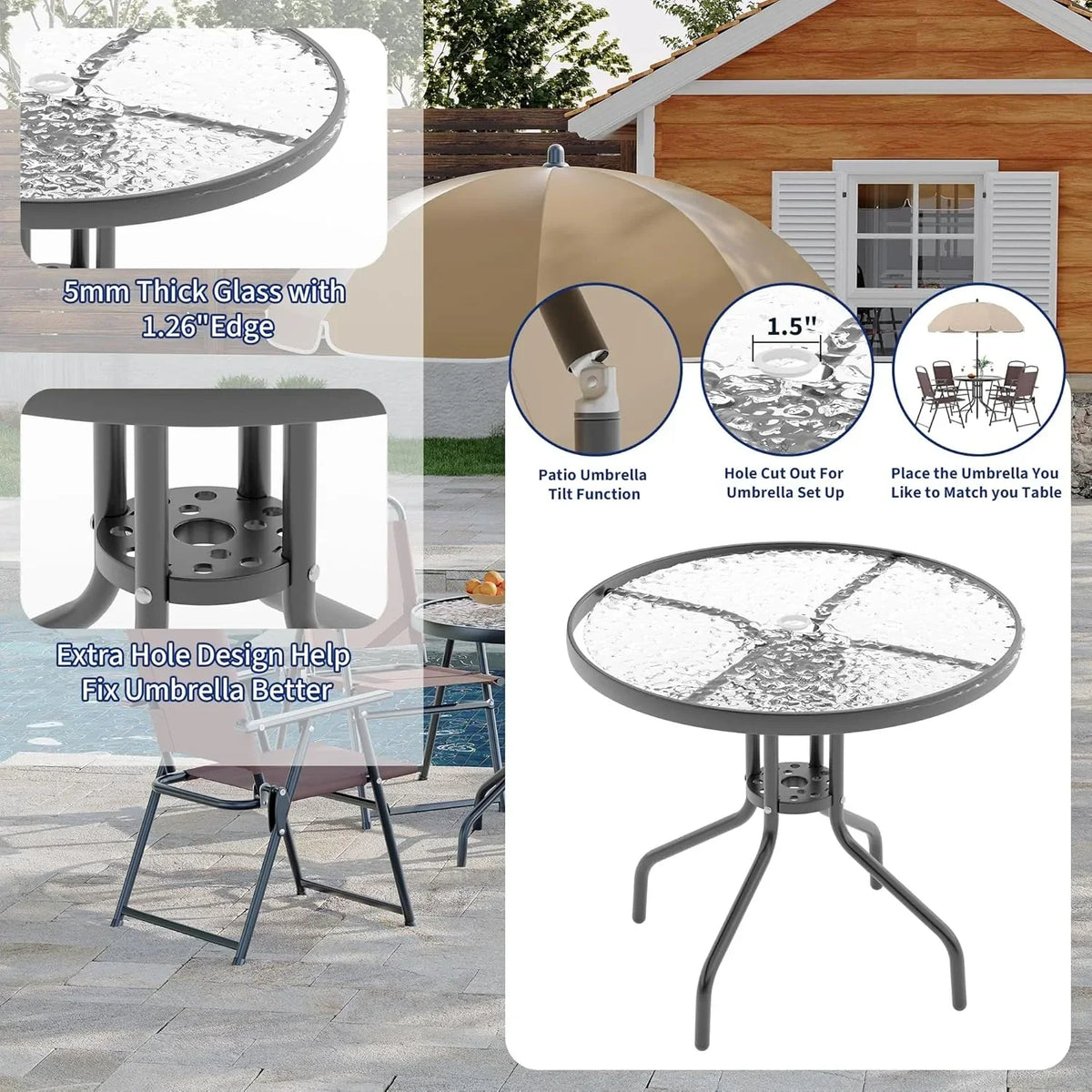 2026 NEW 6 Pieces Outdoor Dining Set With Umbrella, Patio Table and 4 Folding Chairs With Umbrella, Garden Patio Furniture Set With Umbrellas, Tempered Glass Top Dining Table