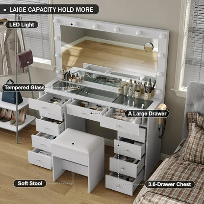 2026 NEW White Vanity Desk with Illuminated Mirror & Power Outlet, 11 Drawers Vanity Table with Chair, Makeup Vanity with 12 LED Lights, Tempered Glass Top, Dressing Table for Bedroom,Dressing Room