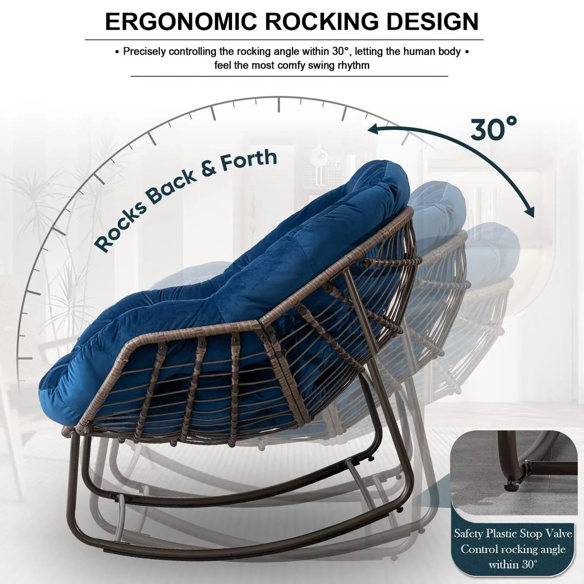 2026 NEW Outdoor Papasan Rocking Chair, Patio Oversized Wicker Egg Rocking Chair, Indoor & Outdoor Comfy Rocker Chair with Thick Cushion, Modern Lounge Chair for Front Porch, Garden, Backyard, Grey