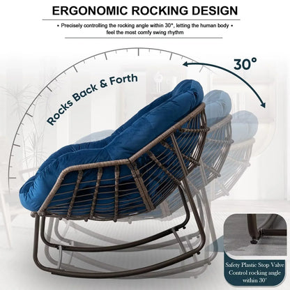 2026 NEW Outdoor Papasan Rocking Chair, Patio Oversized Wicker Egg Rocking Chair, Indoor & Outdoor Comfy Rocker Chair with Thick Cushion, Modern Lounge Chair for Front Porch, Garden, Backyard, Grey
