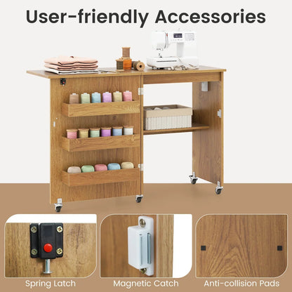 2026 NEW Costway Folding Sewing Table Rolling Craft Station with 3 Storage Bins & Charging Station Natural
