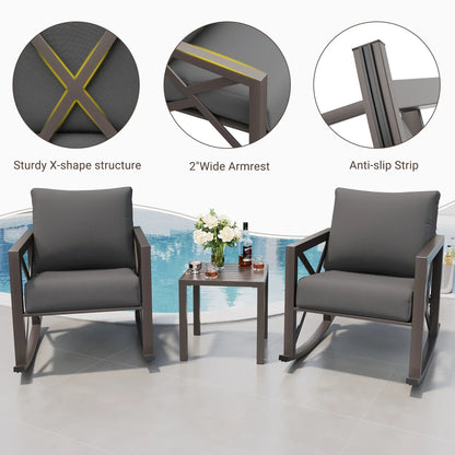 2026 NEW MRUAKA Rocking Chair Bistro Set,3 Piece Outdoor Patio Furniture Set with 2 Rockers and 1 Metal Coffee Table with Thick Cushions for Porch,Backyard,Poolside,Beige