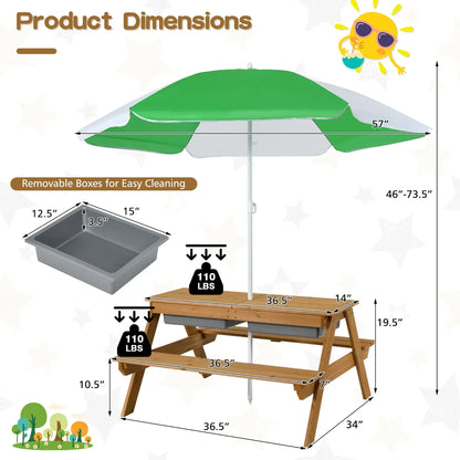 2026 NEW Costway 3-in-1 Kids Picnic Table Wooden Outdoor Sand & Water Table with Umbrella Play Boxes Green
