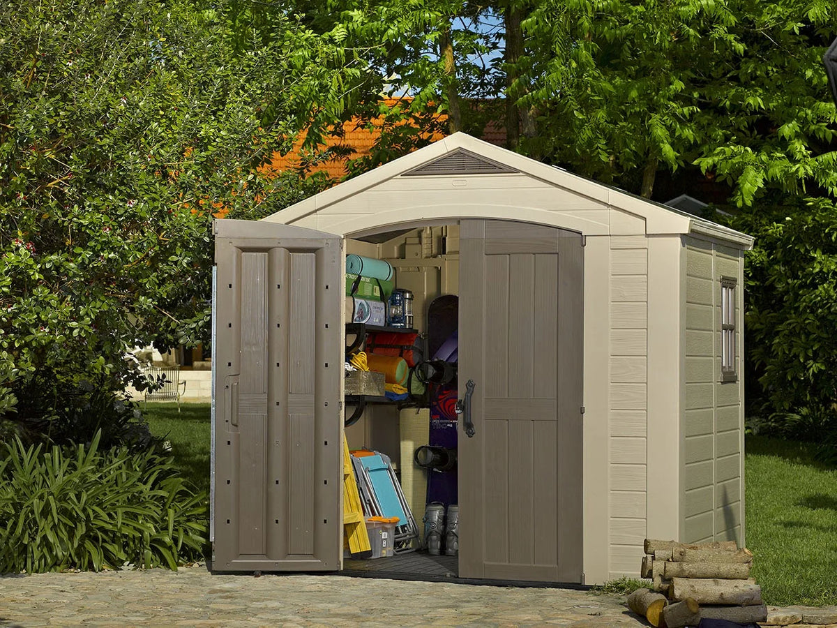 2026 NEW Keter Factor 8 x 11 Foot All Weather Resin Outdoor Storage Shed, Taupe