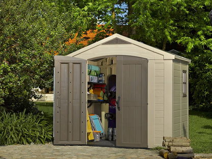 2026 NEW Keter Factor 8 x 11 Foot All Weather Resin Outdoor Storage Shed, Taupe