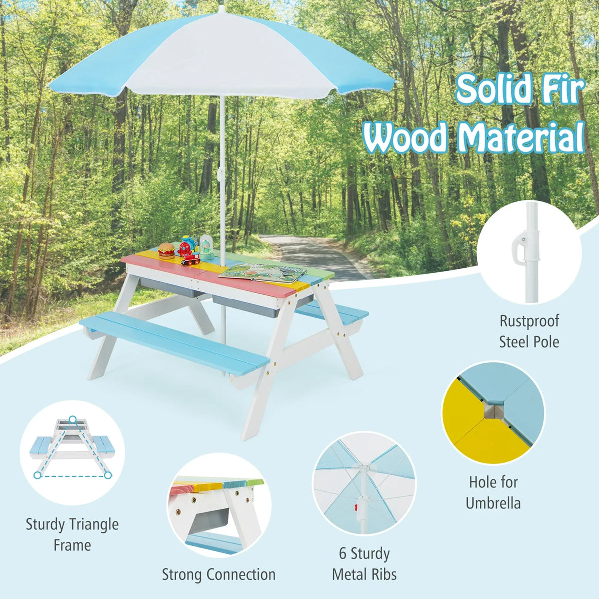 2026 NEW Costway 3-in-1 Kids Picnic Table Wooden Outdoor Sand & Water Table with Umbrella Play Boxes Green