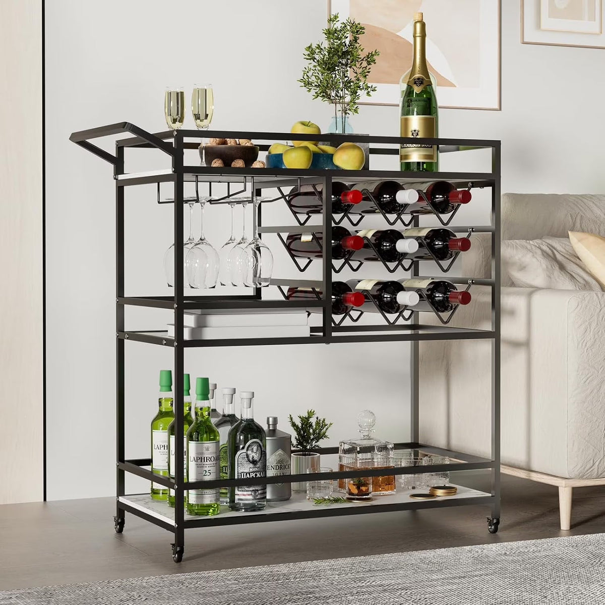 2026 NEW WHIFEA 3-Tier Home Bar Cart with Wine Rack, Mobile Serving Wine Cart on Wheels, Modern Rolling Drink Trolley for Coffee Tea Wine