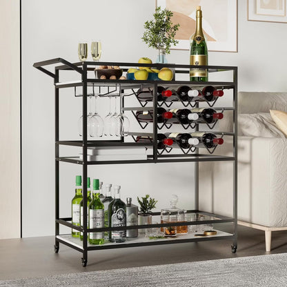 2026 NEW WHIFEA 3-Tier Home Bar Cart with Wine Rack, Mobile Serving Wine Cart on Wheels, Modern Rolling Drink Trolley for Coffee Tea Wine