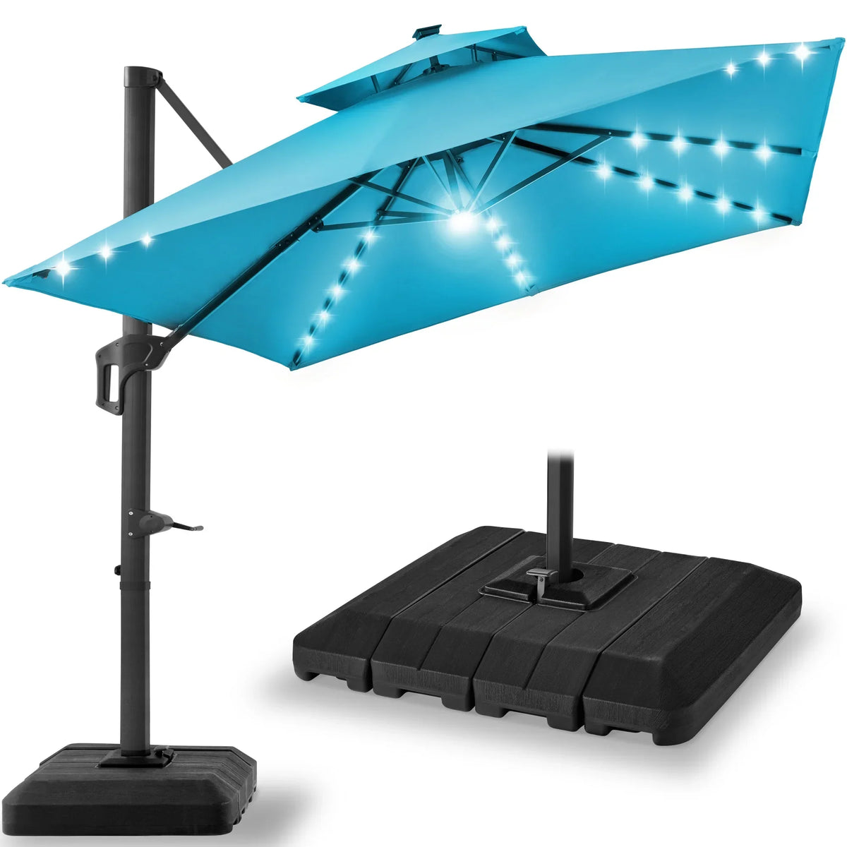 2026 NEW Best Choice Products 10x10ft 2-Tier Square Outdoor Solar LED Cantilever Patio Umbrella w/ Base Included - Tan