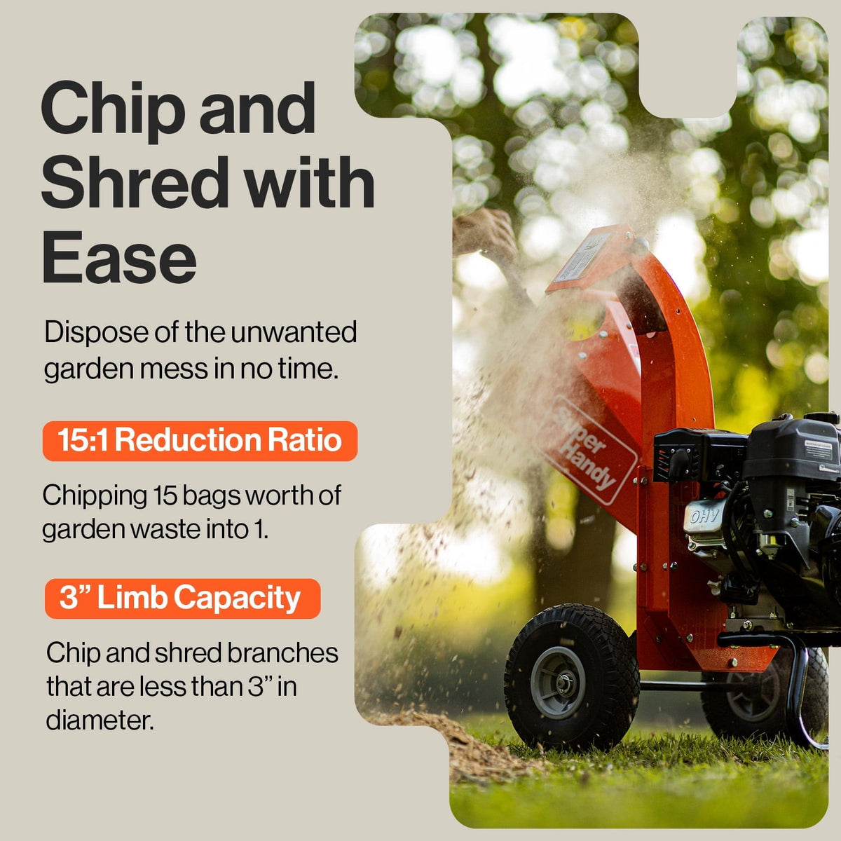 2026 NEW SuperHandy Mini Wood Chipper Shredder Mulcher Heavy Duty 7HP Compact Design 3" Inch Max Capacity