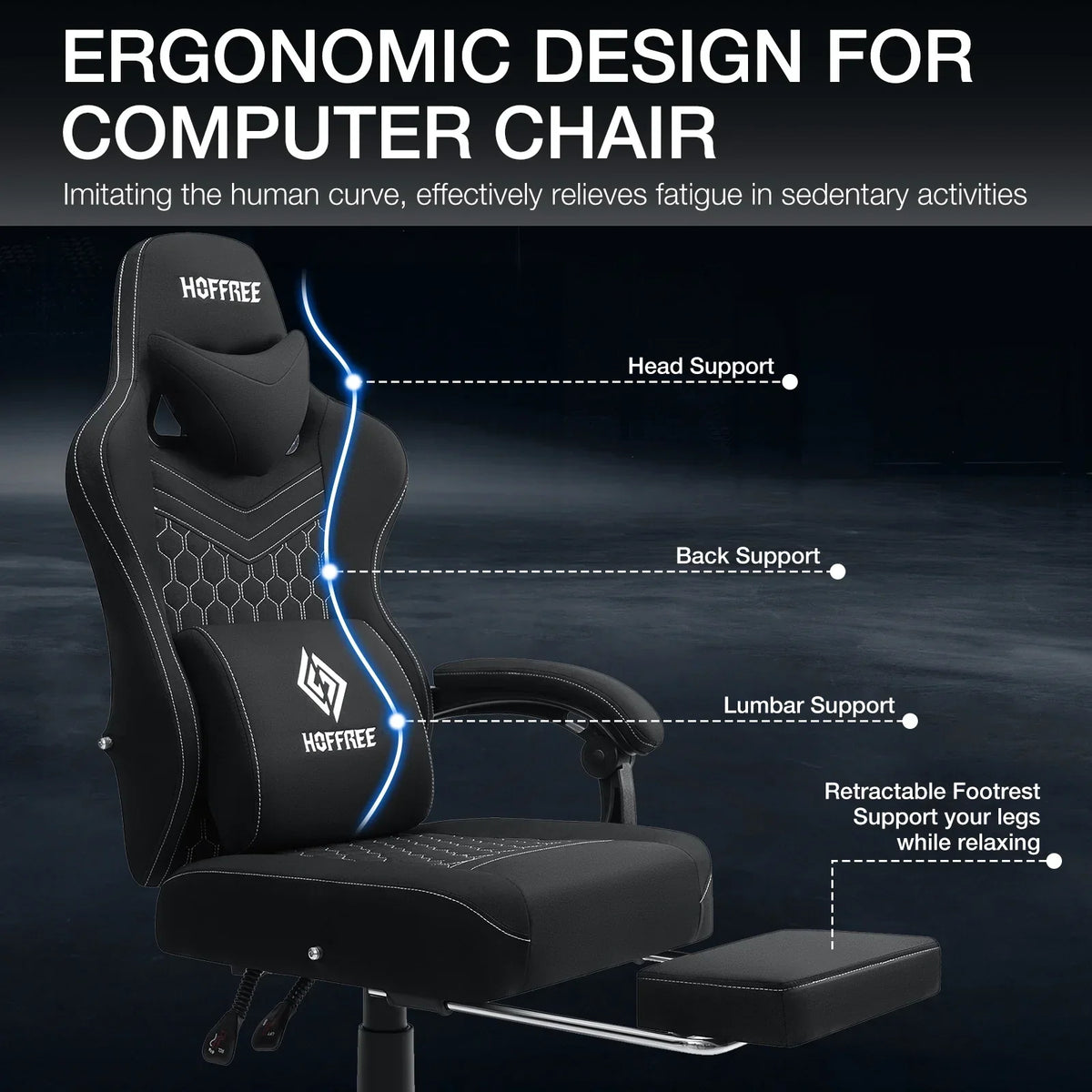 2026 NEW Hoffree Gaming Chair with Massage Fabric Office Chair with footrest for Adults, Ergonomic Gamer Chair with Headrest and Lumbar Support for Office Gaming, 440 LBS