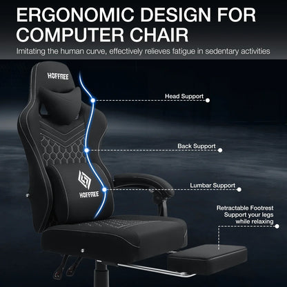 2026 NEW Hoffree Gaming Chair with Massage Fabric Office Chair with footrest for Adults, Ergonomic Gamer Chair with Headrest and Lumbar Support for Office Gaming, 440 LBS