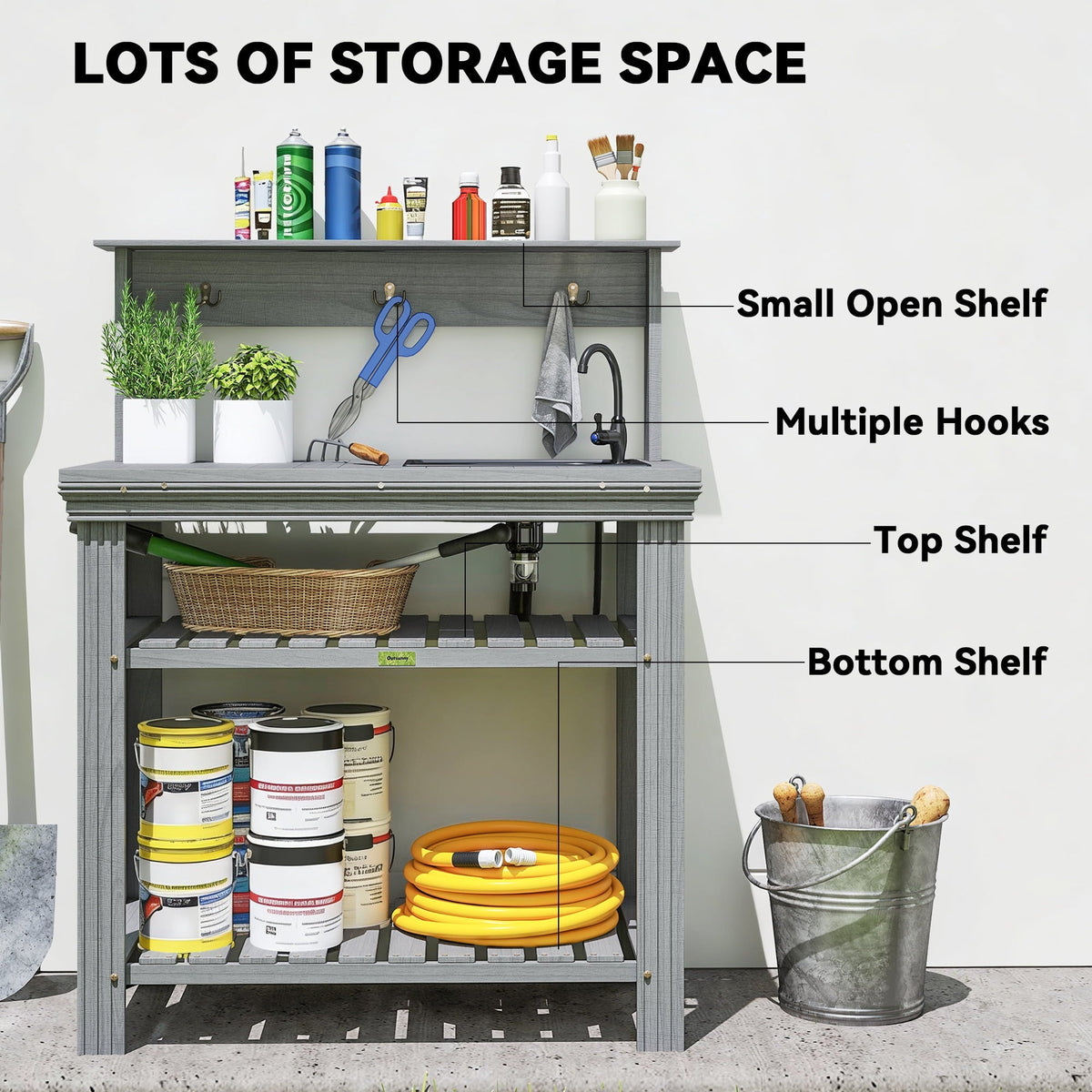 2026 NEW Outsunny Potting Benches for Outside with Faucet, Removable Sink, Shelves