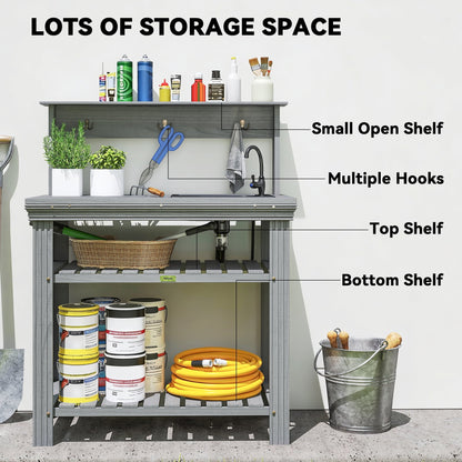 2026 NEW Outsunny Potting Benches for Outside with Faucet, Removable Sink, Shelves