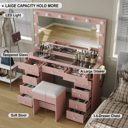 2026 NEW White Vanity Desk with Illuminated Mirror & Power Outlet, 11 Drawers Vanity Table with Chair, Makeup Vanity with 12 LED Lights, Tempered Glass Top, Dressing Table for Bedroom,Dressing Room