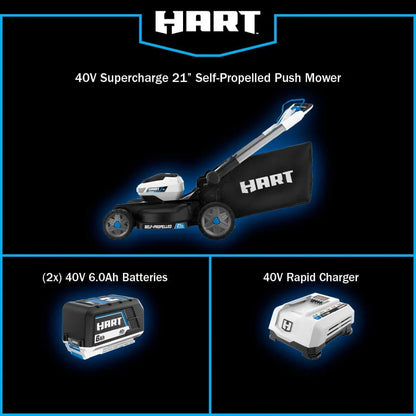 2026 NEW HART 40-Volt 21-inch Supercharge 3-in-1 Self-Propelled Mower Kit, (2) 6.0Ah Lithium-Ion Batteries