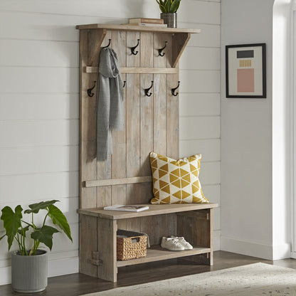 2026 NEW Alaterre Furniture Castleton 70 in. Hall Tree with Bench, Shelves & Coat Hooks -C Solid Mango Wood Entryway Organizer in Driftwood Finish