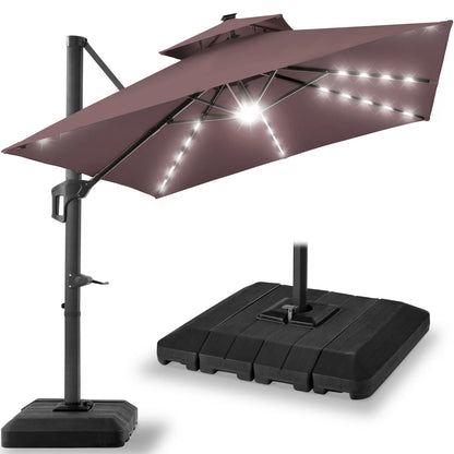 2026 NEW Best Choice Products 10x10ft 2-Tier Square Outdoor Solar LED Cantilever Patio Umbrella w/ Base Included - Tan