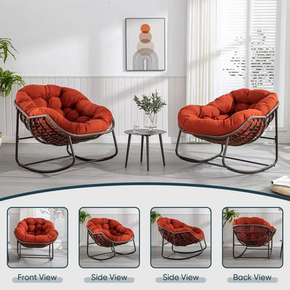 2026 NEW Outdoor Papasan Rocking Chair, Patio Oversized Wicker Egg Rocking Chair, Indoor & Outdoor Comfy Rocker Chair with Thick Cushion, Modern Lounge Chair for Front Porch, Garden, Backyard, Grey