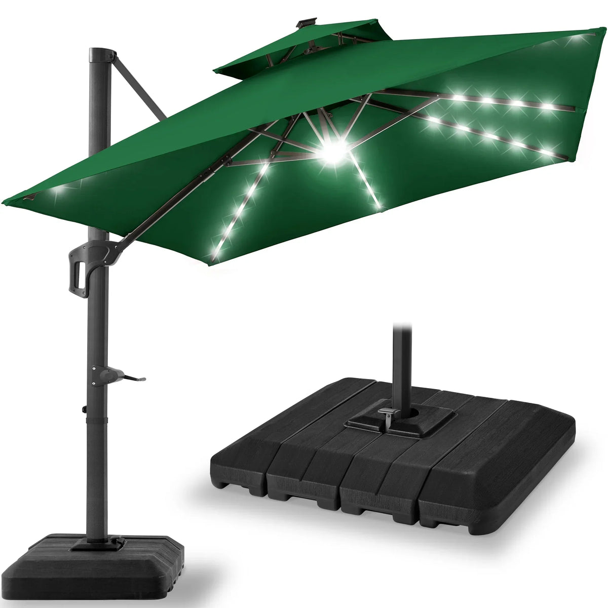 2026 NEW Best Choice Products 10x10ft 2-Tier Square Outdoor Solar LED Cantilever Patio Umbrella w/ Base Included - Tan