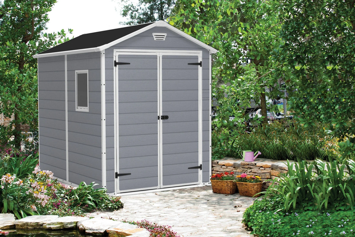 2026 NEW Keter 213413 Manor DD 6 X 8 Foot All Weather Outdoor Storage Shed, Grey