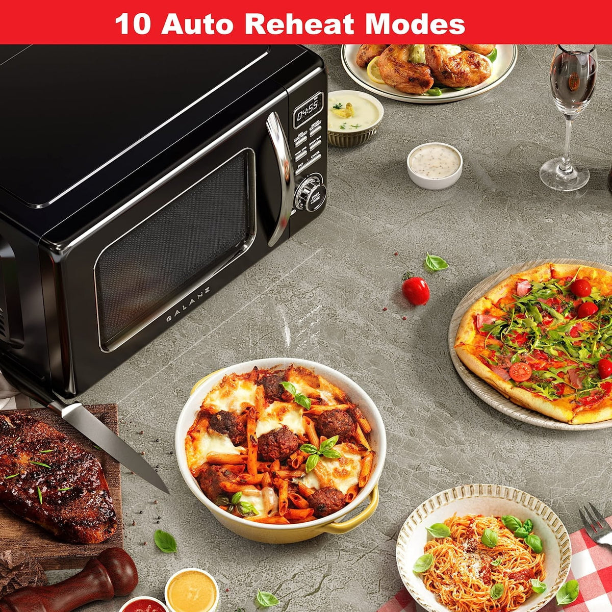 2026 NEW Galanz Retro Countertop Microwave Oven with Auto Cook & Reheat, Defrost, Quick Start Functions, Easy Clean with Glass Turntable, Pull Handle, .9 cu ft, Black