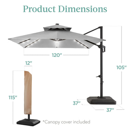 2026 NEW Best Choice Products 10x10ft 2-Tier Square Outdoor Solar LED Cantilever Patio Umbrella w/ Base Included - Tan