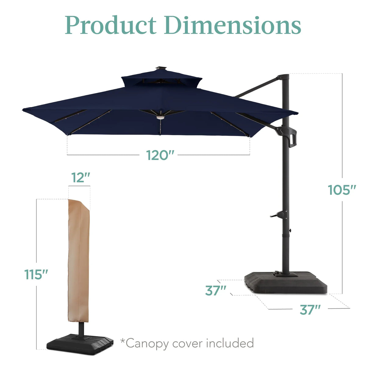 2026 NEW Best Choice Products 10x10ft 2-Tier Square Outdoor Solar LED Cantilever Patio Umbrella w/ Base Included - Tan
