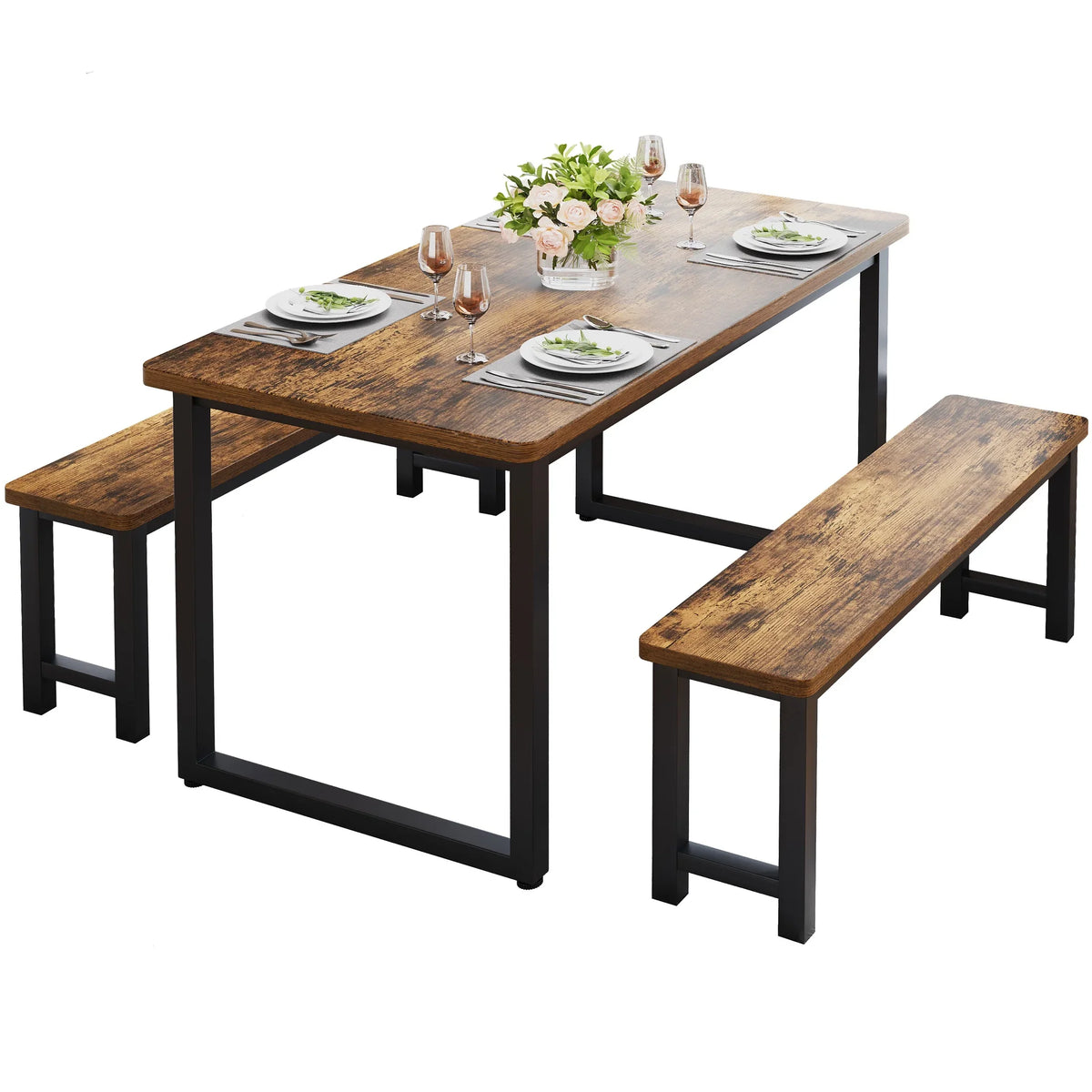 2026 NEW PORKISS Kitchen Table with 2 Benches, 3 Piece Dining Table Set, Dining Table with Faux Marble Table Top, Metal Frame, Black#