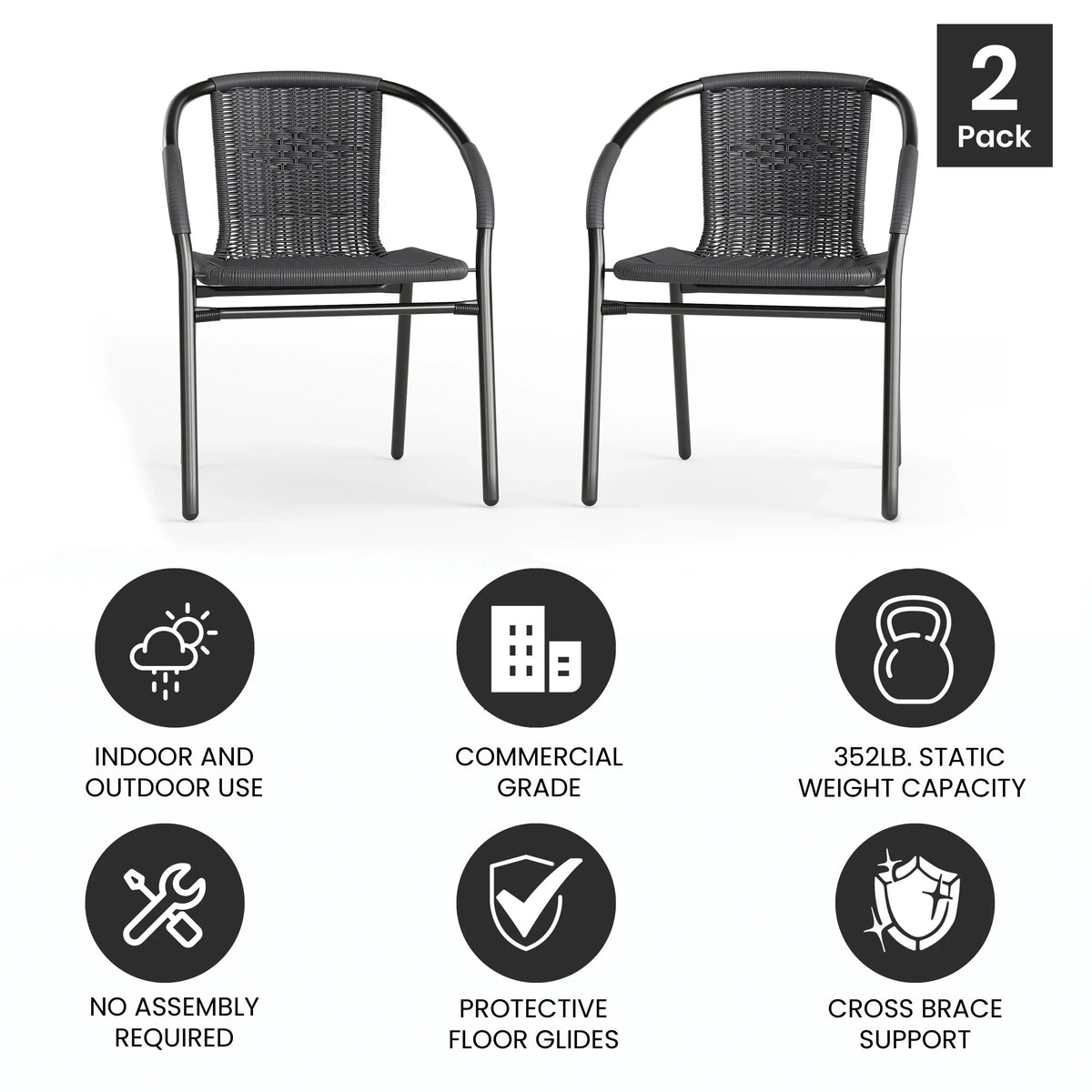 2026 NEW Emma + Oliver Indoor/Outdoor Stacking Rattan Restaurant Patio Chairs, Set of 2, Gray