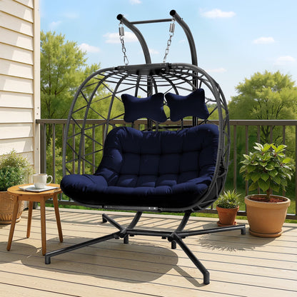 2026 NEW RADIATA Double Wicker Egg Swing Chair with Stand, 2-Person Hanging Egg Chair for Indoor/Outdoor, 700lbs Capacity, Thick Cushions & Headrest,Sturdy Metal Frame"Dark Gray