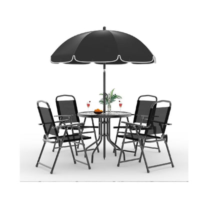 2026 NEW 6 Pieces Outdoor Dining Set With Umbrella, Patio Table and 4 Folding Chairs With Umbrella, Garden Patio Furniture Set With Umbrellas, Tempered Glass Top Dining Table