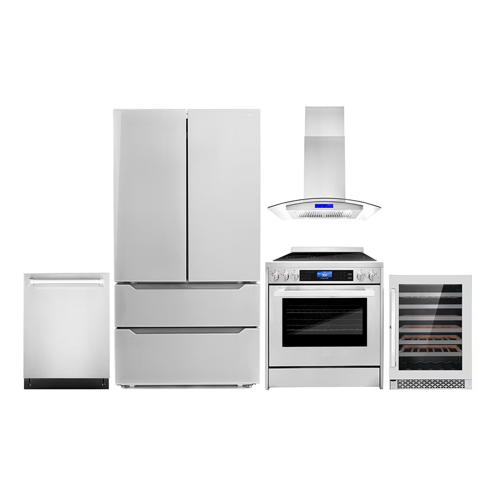 2026 NEW Cosmo 5 Piece Kitchen Appliance Packages with 30" Freestanding Electric Range 30" Island Range Hood 24" Built-in Fully Integrated Dishwasher French Door Refrigerator & 48 Bottle Wine Refrigerator