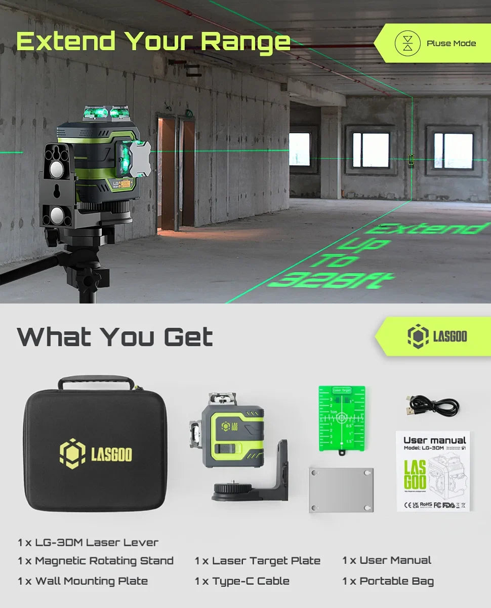 2026 NEW Laser Level 3x360- LASGOO with Remote Control, 2 Rechargeable Batteries, 100FT Range, 360- Magnetic Rotating Stand, IP54, 3Ds