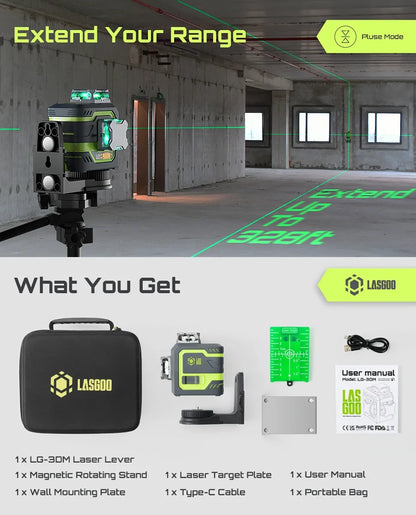 2026 NEW Laser Level 3x360- LASGOO with Remote Control, 2 Rechargeable Batteries, 100FT Range, 360- Magnetic Rotating Stand, IP54, 3Ds