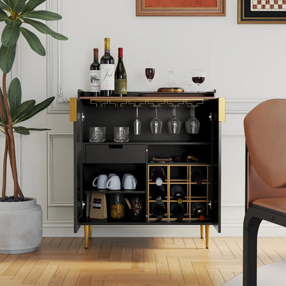 2026 NEW CBJCBJ 32" Wine Bar Cabinet with 2 Door Fluted Texture, Modern Coffee Cabinet with Rack&Glass Holder, Black