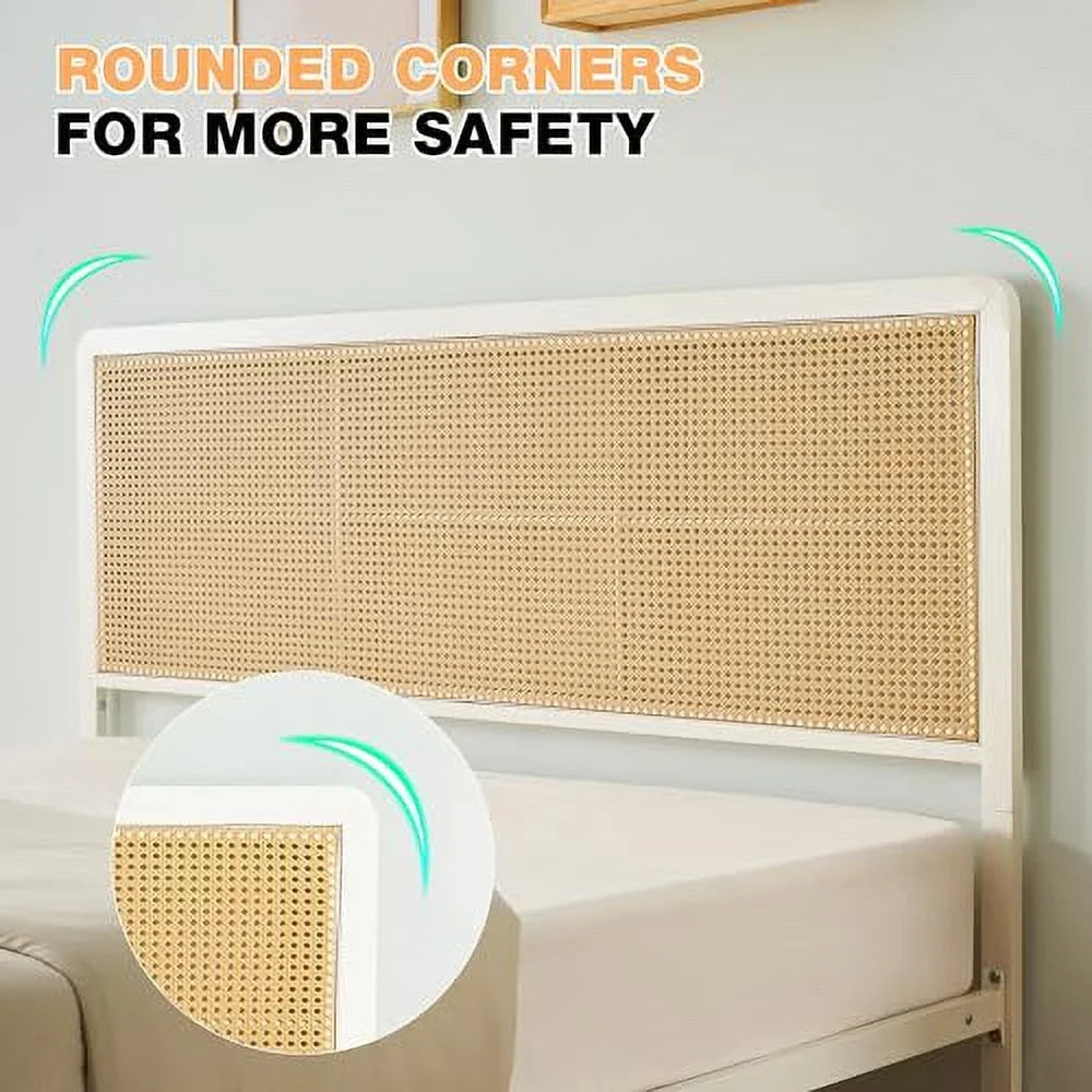 2026 NEW Platform Bed Frame with Natural Rattan Headboard Modern Cane Bed Frames with Heavy Duty Sturdy Steel Slat Support No Box Spring Needed Easy Assembly