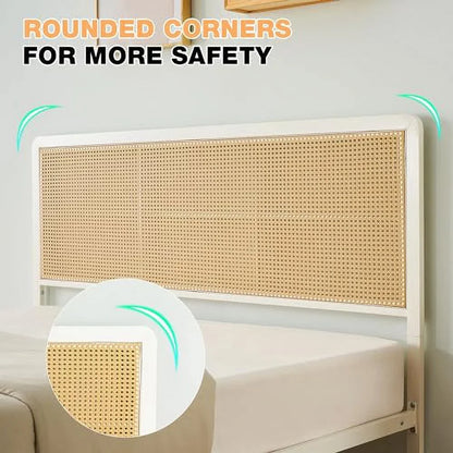 2026 NEW Platform Bed Frame with Natural Rattan Headboard Modern Cane Bed Frames with Heavy Duty Sturdy Steel Slat Support No Box Spring Needed Easy Assembly