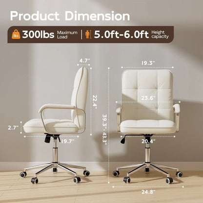 2026 NEW Solfway White Office Chair, Swivel Leather Computer Desk Chair with Wheels and Padded Arms, Executive Office Chair for Adults