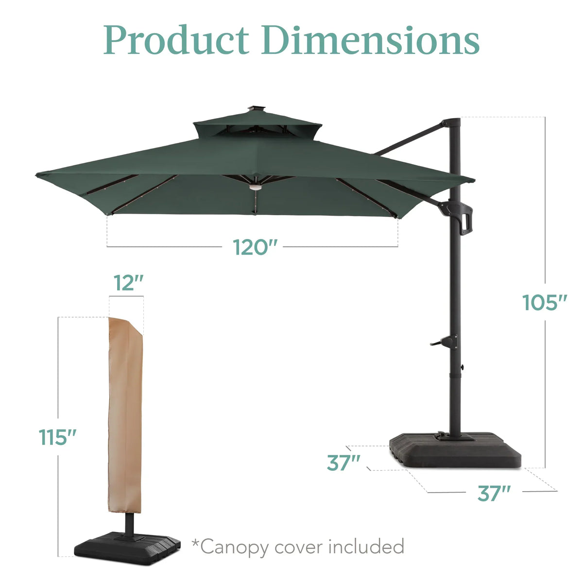 2026 NEW Best Choice Products 10x10ft 2-Tier Square Outdoor Solar LED Cantilever Patio Umbrella w/ Base Included - Tan