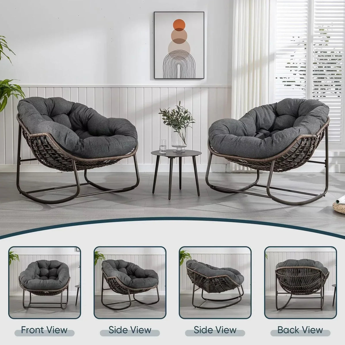 2026 NEW Outdoor Papasan Rocking Chair, Patio Oversized Wicker Egg Rocking Chair, Indoor & Outdoor Comfy Rocker Chair with Thick Cushion, Modern Lounge Chair for Front Porch, Garden, Backyard, Grey