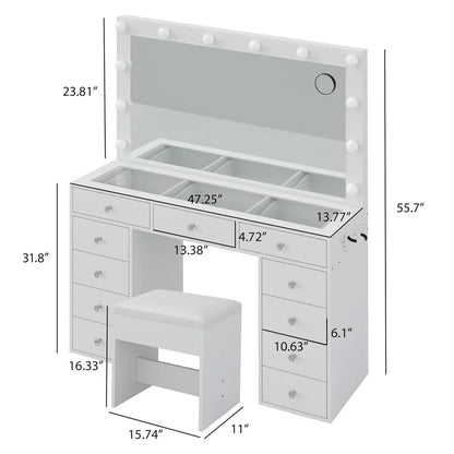 2026 NEW White Vanity Desk with Illuminated Mirror & Power Outlet, 11 Drawers Vanity Table with Chair, Makeup Vanity with 12 LED Lights, Tempered Glass Top, Dressing Table for Bedroom,Dressing Room