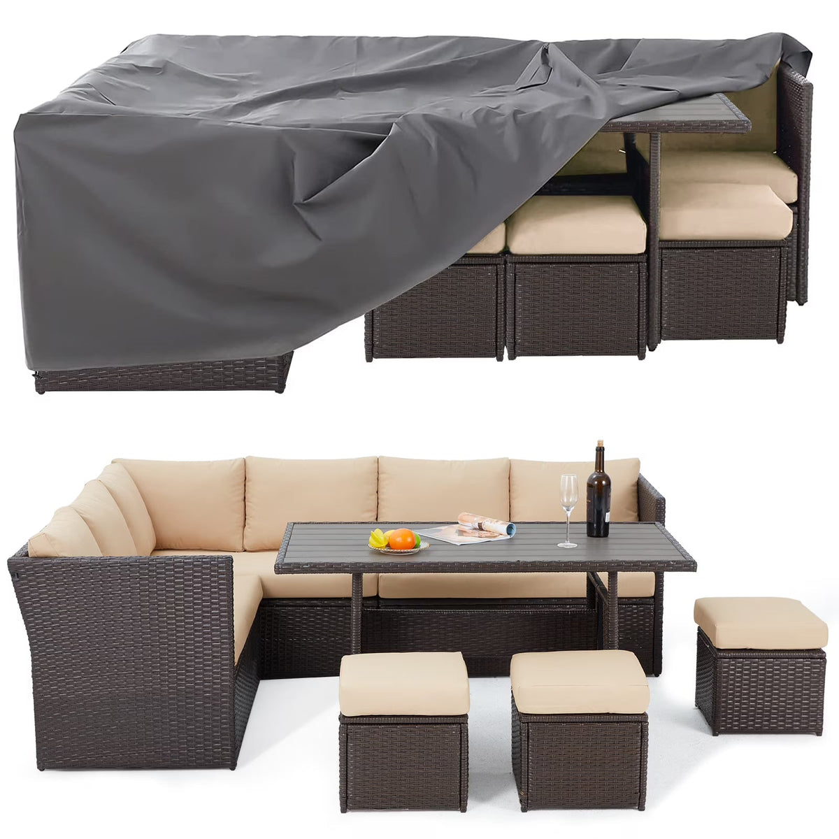 2026 NEW AECOJOY 7 Piece Patio Furniture Set PE Rattan Outdoor Dining Set Sectional Sofa Couch with Table Patio Conversation Set in Gray