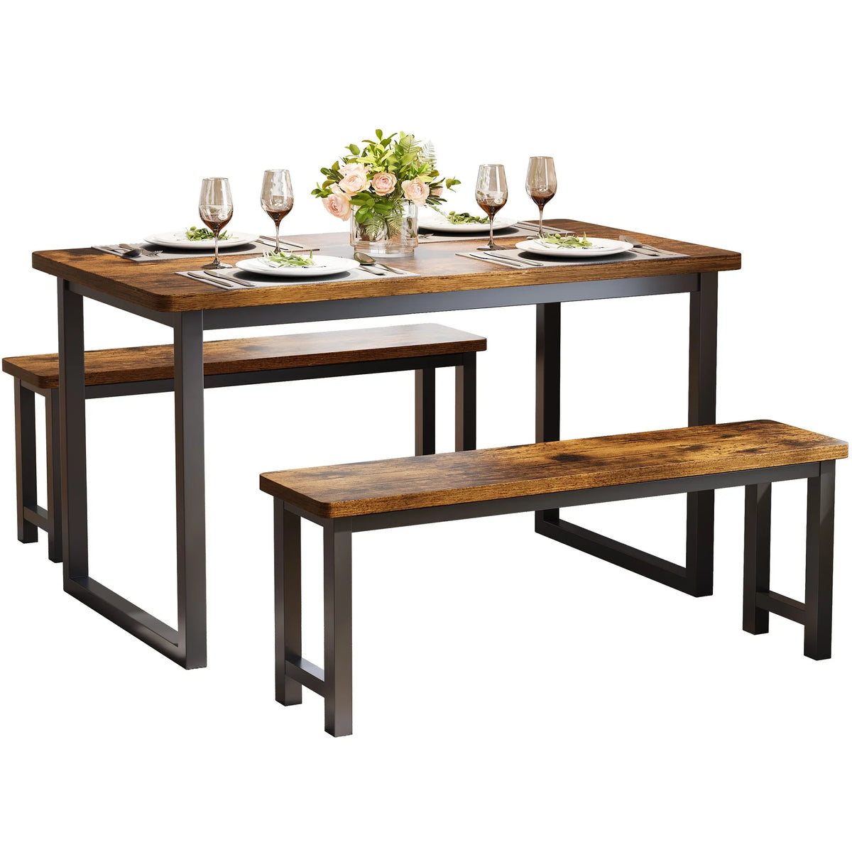 2026 NEW PORKISS Kitchen Table with 2 Benches, 3 Piece Dining Table Set, Dining Table with Faux Marble Table Top, Metal Frame, Black#