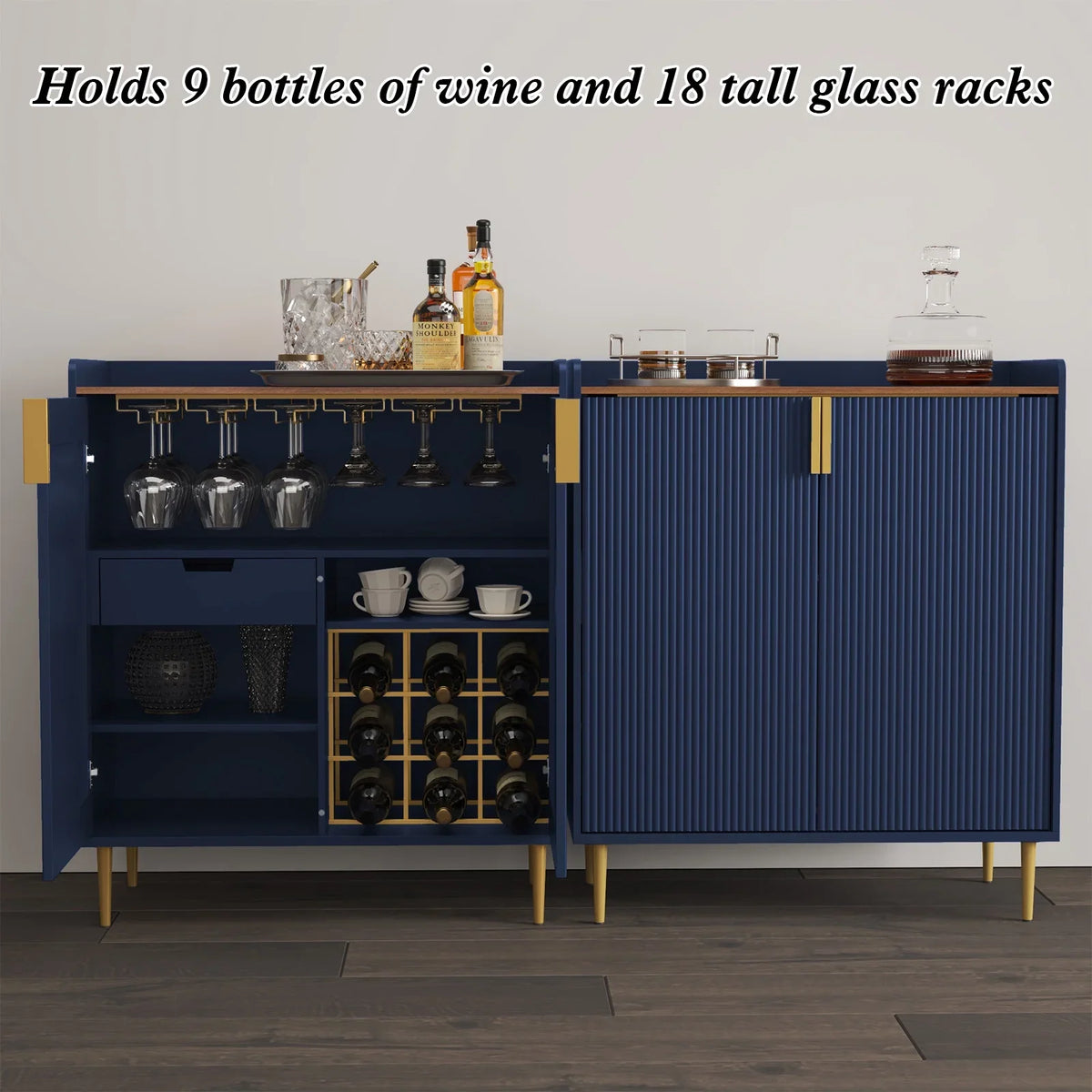 2026 NEW CBJCBJ 32" Wine Bar Cabinet with 2 Door Fluted Texture, Modern Coffee Cabinet with Rack&Glass Holder, Black