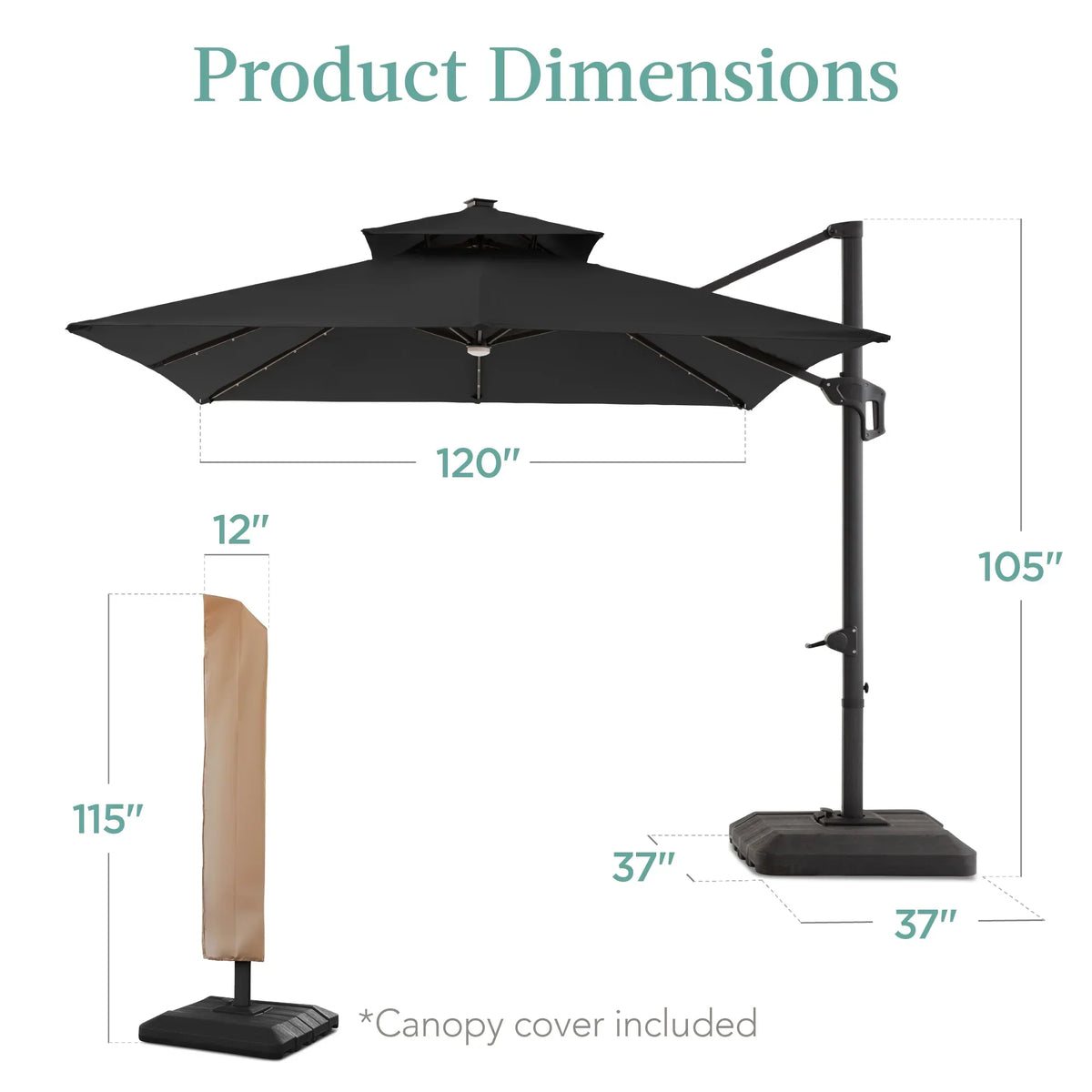 2026 NEW Best Choice Products 10x10ft 2-Tier Square Outdoor Solar LED Cantilever Patio Umbrella w/ Base Included - Tan