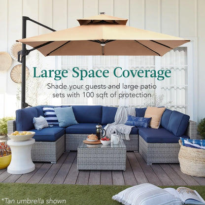 2026 NEW Best Choice Products 10x10ft 2-Tier Square Outdoor Solar LED Cantilever Patio Umbrella w/ Base Included - Tan